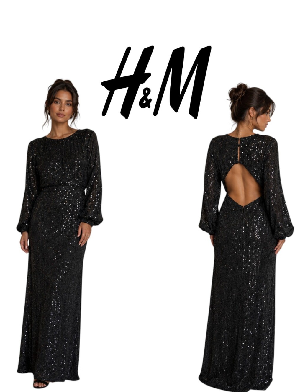 NWT H&M Elegant black sequin maxi dress with open-back  long Peasant Sleeves L